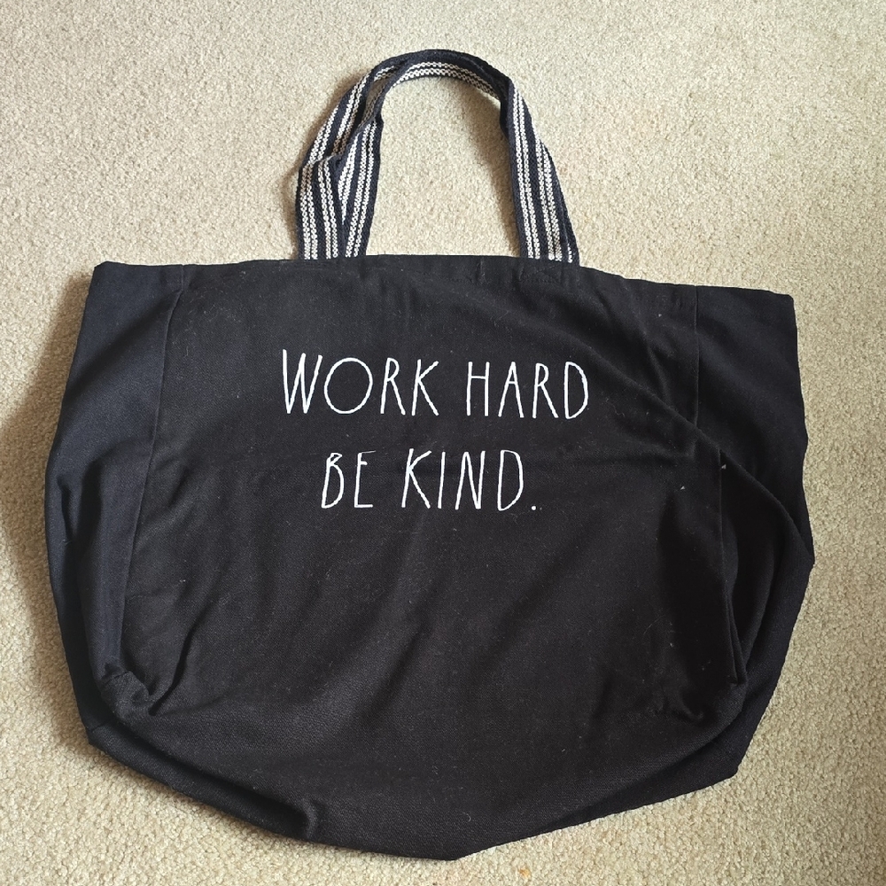 Rae Dunn Black Canvas Tote with White 'Work Hard Be Kind' Text